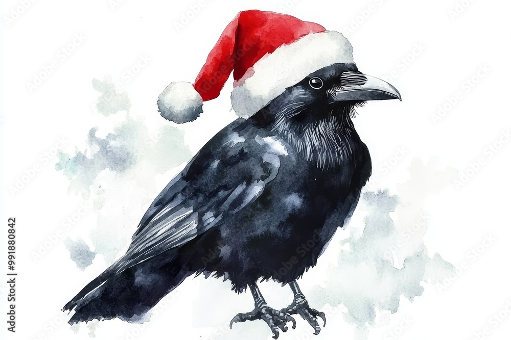 Fototapeta premium A charming watercolor illustration of a crow wearing a Santa hat, symbolizing Christmas, winter, holiday cheer, wildlife, and nature.