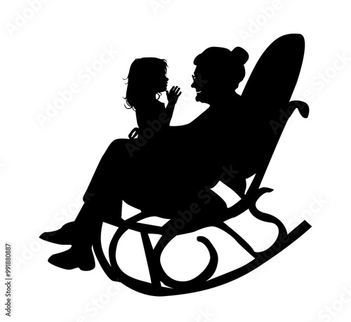 Silhouette of a grandmother with her granddaughter in her arms sitting in a rocking chair. hand drawn. Not AI, Vector illustration.