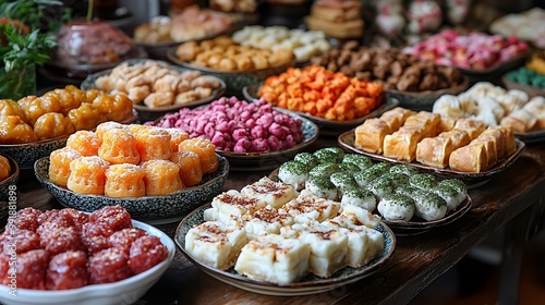 A variety of colorful sweets and desserts displayed on a table.