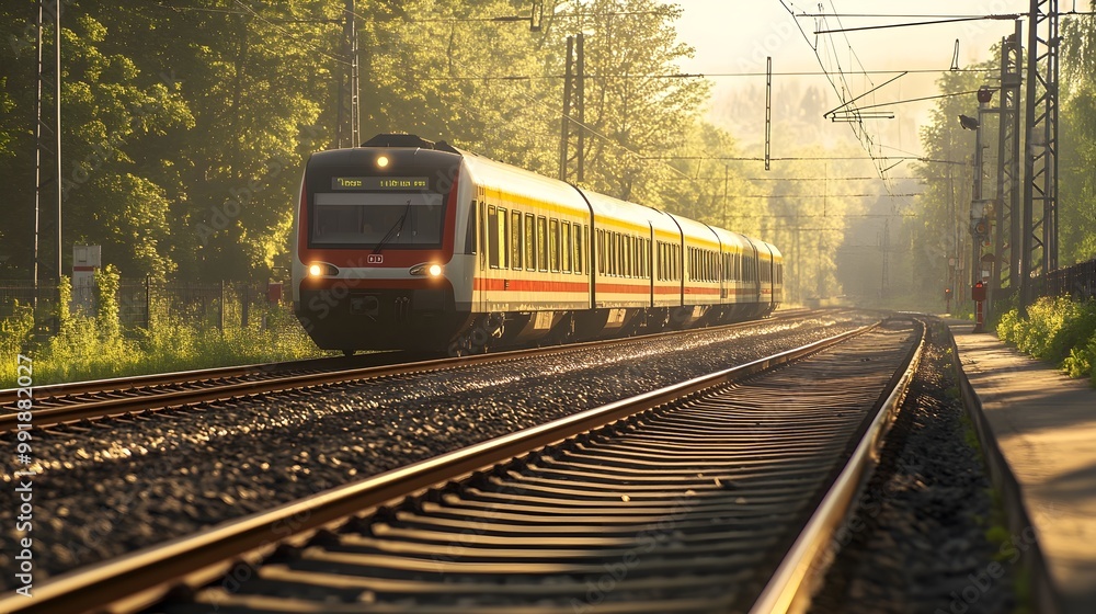 Naklejka premium Electric train captured against vibrant sunset backdrop image