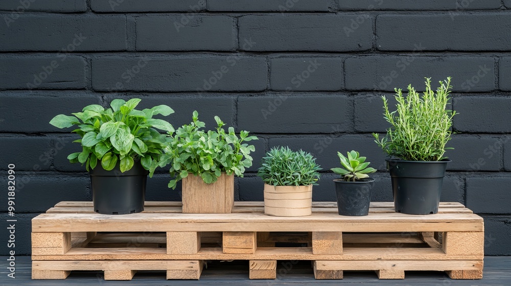 Obraz premium Fresh Green Plants on Wooden Pallet Against Dark Wall