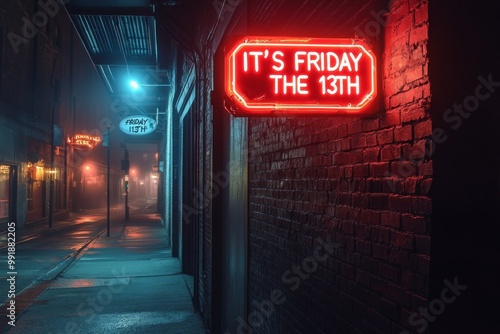 Mysterious Friday the 13th Neon Sign Illuminating a Dark Brick Alleyway photo