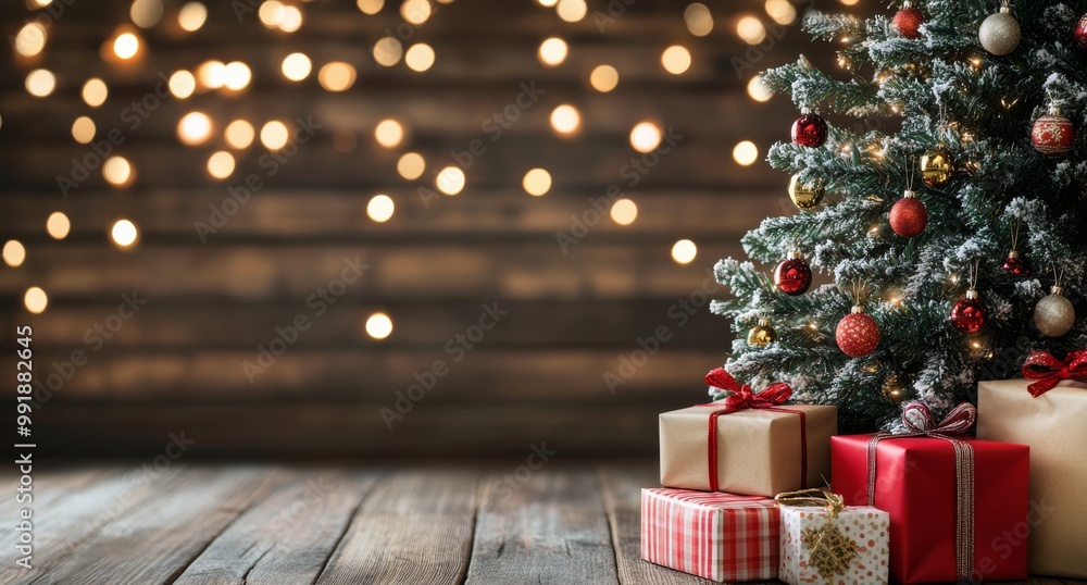 Festive Christmas tree adorned with ornaments and presents by twinkling lights in cozy room Festive Christmas tree adorned with ornaments and presents by twinkling lights in cozy room
