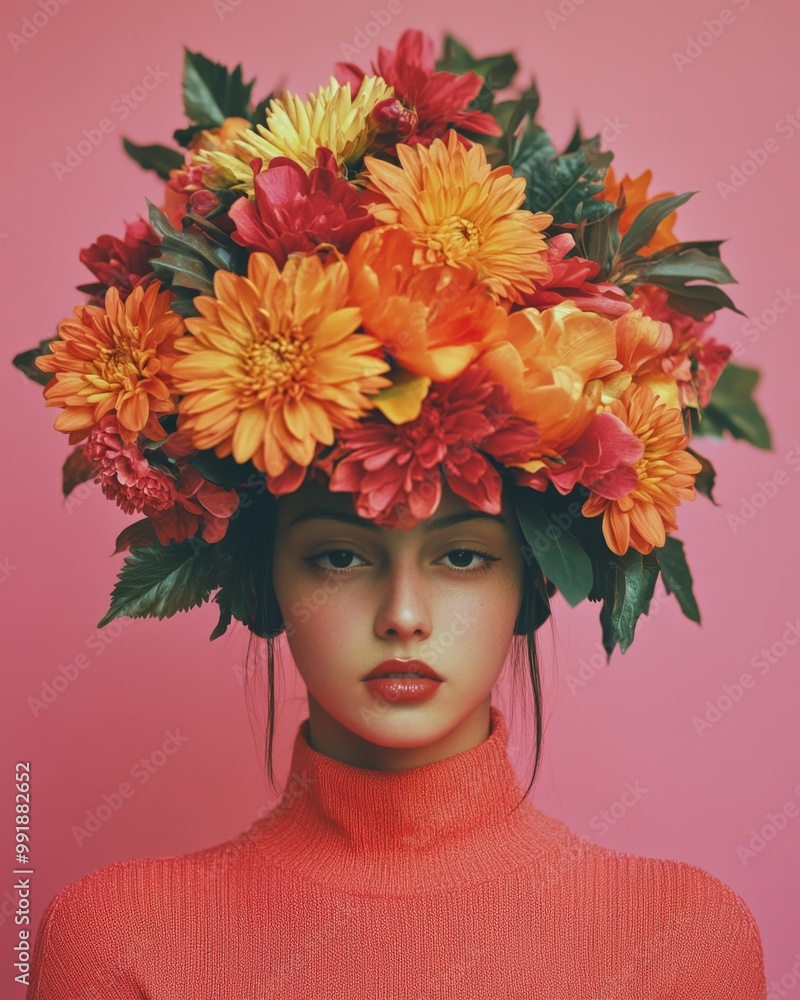 A woman with a vibrant floral headdress against a soft pink background capturing surreal beauty A woman with a vibrant floral headdress against a soft pink background capturing surreal beauty