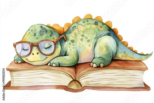 Fototapeta Naklejka Na Ścianę i Meble -  Adorable watercolor illustration of a dinosaur wearing glasses, peacefully sleeping on top of a closed book, symbolizing knowledge, imagination, learning, dreams, and childhood innocence.