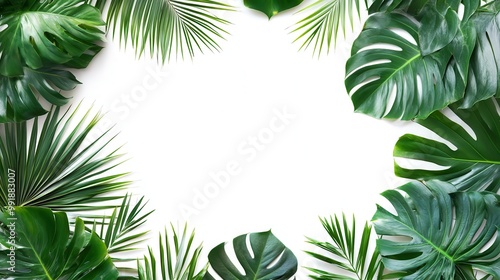 lush tropical frame exotic jungle foliage border with vibrant palm leaves and monstera plants surrounding central white space for text or image