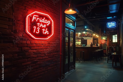 Mysterious Friday the 13th Neon Sign Illuminating a Dark Brick Alleyway