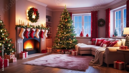 Warm and Inviting Holiday Space A Festively Adorned Tree with Colorful Ornaments and Twinkling Lights.
