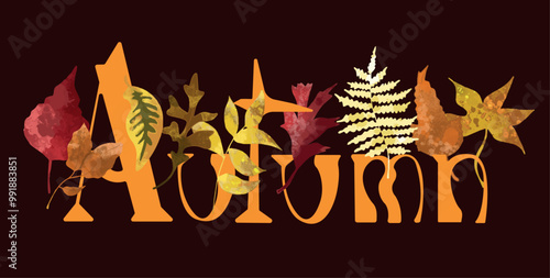 Bannière texte automne en anglais orange vert jaune bordeaux fond foncé feuilles vecteur