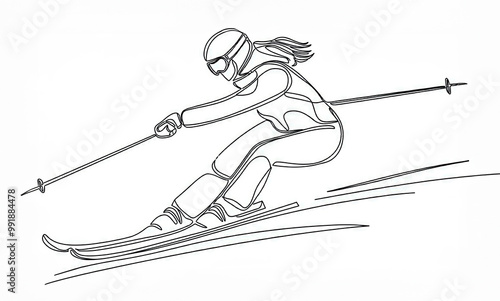 Single continuous line of skier. Alpine skier rides along a snowy slope. The athlete goes downhill skiing. Winter sports.