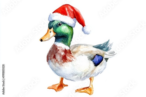 Watercolor illustration of a duck wearing a Santa hat. This cheerful image symbolizes Christmas, winter, joy, celebration, and fun. photo