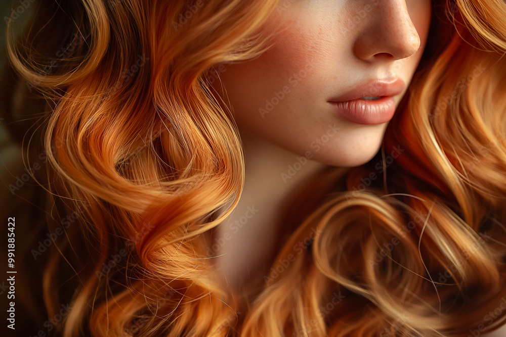 Soft waves cascade around her face as she gazes thoughtfully, highlighting the warm tones of her orange hair and delicate facial features illuminated by natural light Soft waves cascade around her face as she gazes thoughtfully, highlighting the warm tones of her orange hair and delicate facial features illuminated by natural light