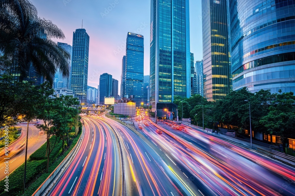 Obraz premium Road in city with skyscrapers and car traffic light trails. Long exposure of evening rush hour with cars racing in and out of Downtown with generative ai