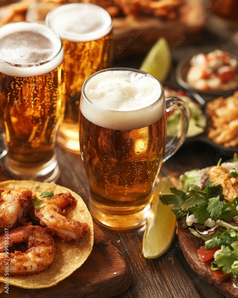Enjoying refreshing beers with tasty snacks on a rustic wooden table for a fun gathering Enjoying refreshing beers with tasty snacks on a rustic wooden table for a fun gathering