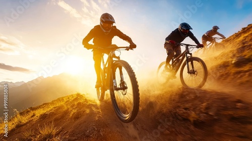 Wallpaper Mural Mountain Bikers Racing at Sunset in Dusty Terrain Torontodigital.ca