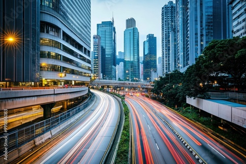 Road in city with skyscrapers and car traffic light trails. Long exposure of evening rush hour with cars racing in and out of Downtown with generative ai