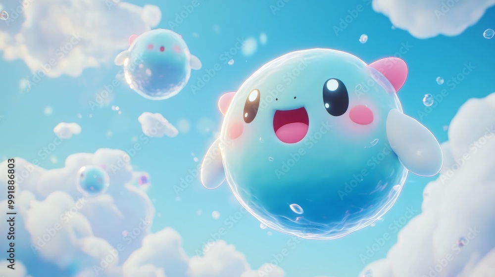Cheerful Kawaii Japanese Mythical Creature Bouncing Among Clouds in Bright Blue Sky Cheerful Kawaii Japanese Mythical Creature Bouncing Among Clouds in Bright Blue Sky