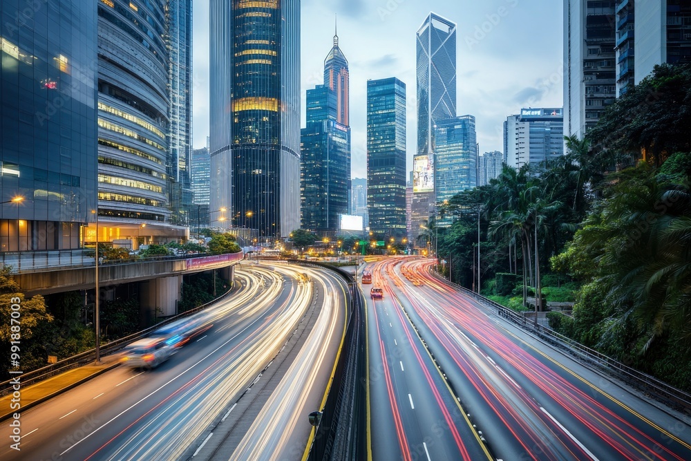 Road in city with skyscrapers and car traffic light trails. Long exposure of evening rush hour with cars racing in and out of Downtown with generative ai Road in city with skyscrapers and car traffic light trails. Long exposure of evening rush hour with cars racing in and out of Downtown with generative ai