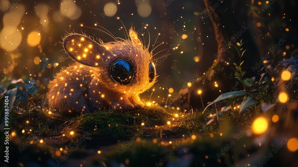 Adorable Kawaii Japanese Mythical Creature Dancing in Magical Forest Illuminated by Fireflies Adorable Kawaii Japanese Mythical Creature Dancing in Magical Forest Illuminated by Fireflies
