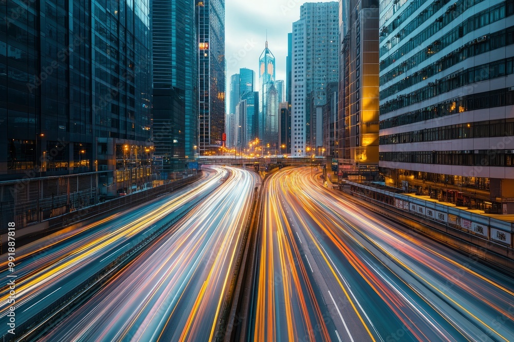 Fototapeta premium Road in city with skyscrapers and car traffic light trails. Long exposure of evening rush hour with cars racing in and out of Downtown with generative ai