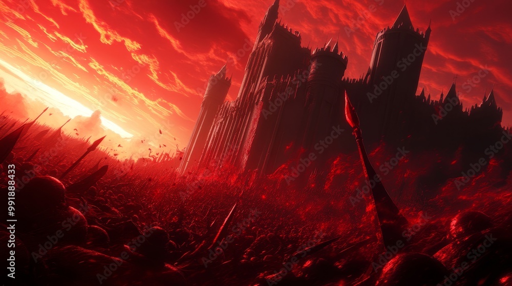 Fototapeta premium A menacing crimson fortress stands tall against a fiery sunset, surrounded by a vast army of spear-wielding figures. The scene evokes a sense of power, danger, and impending conflict.