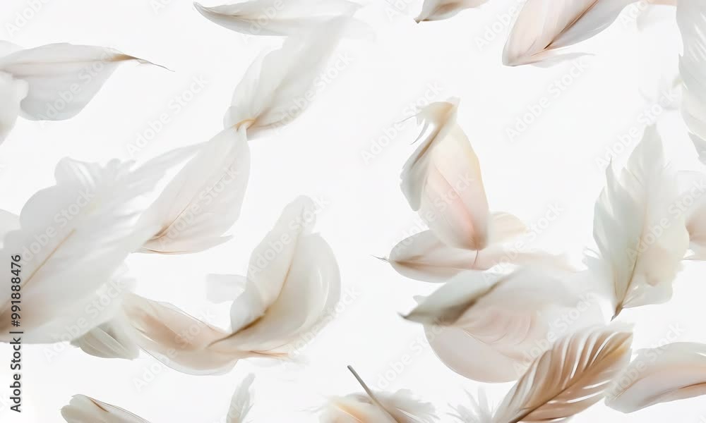 Delicate white and soft orange feathers gently drifting through the air Delicate white and soft orange feathers gently drifting through the air