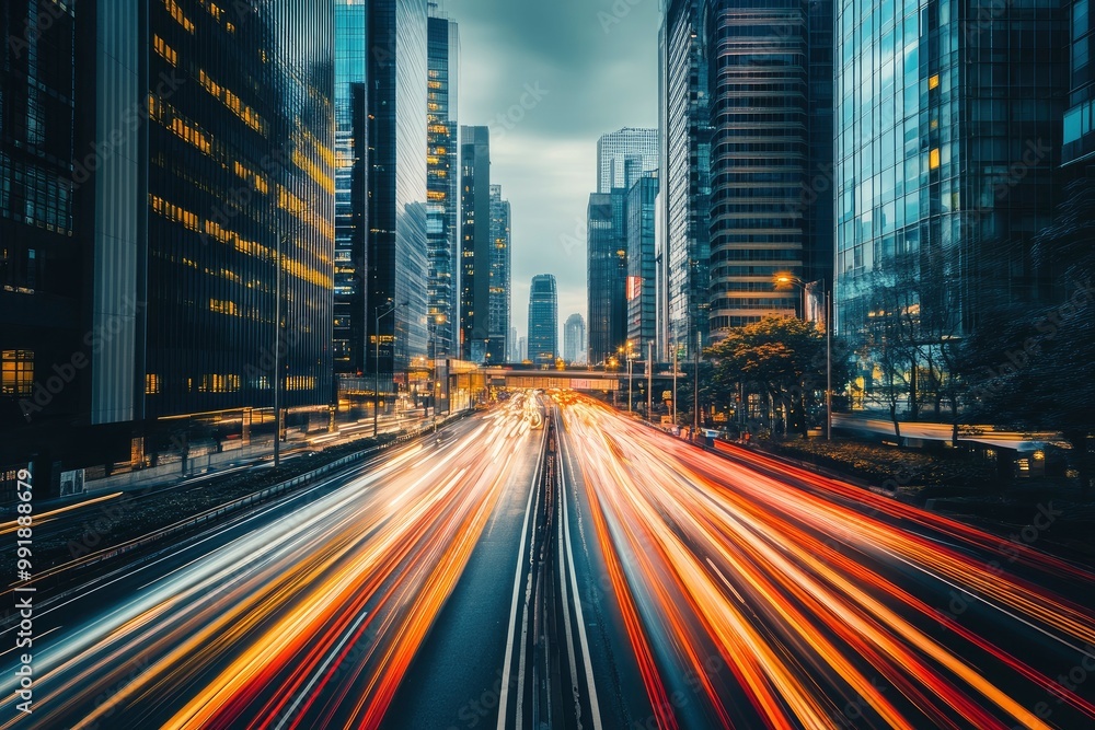 Road in city with skyscrapers and car traffic light trails. Long exposure of evening rush hour with cars racing in and out of Downtown with generative ai Road in city with skyscrapers and car traffic light trails. Long exposure of evening rush hour with cars racing in and out of Downtown with generative ai