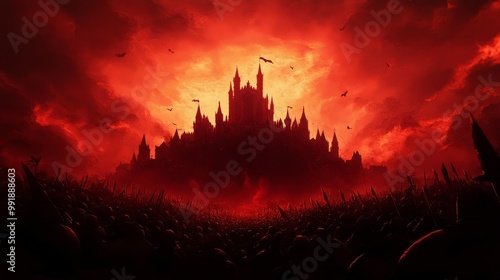 A majestic crimson fortress stands tall under a blood red sky, a symbol of power, mystery, and anticipation, with an army of shadowy figures gathered below.