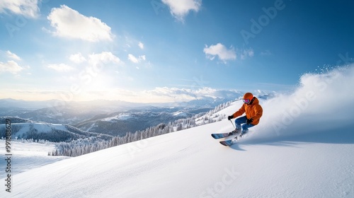 Snowboarder Carving Down a Beautiful Winter Landscape