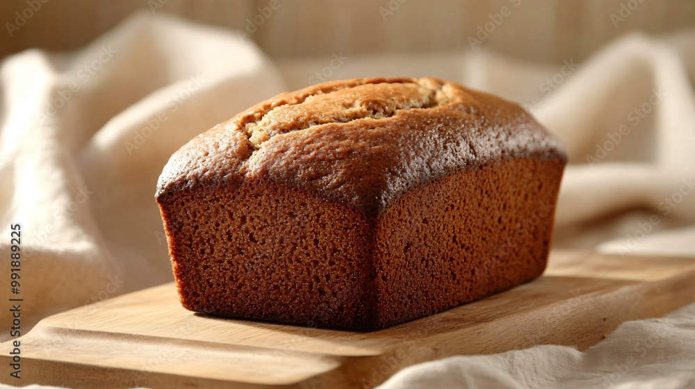 A loaf of freshly baked banana bread, placed on a wooden cutting board with a light beige fabric background for a cozy, homey aesthetic A loaf of freshly baked banana bread, placed on a wooden cutting board with a light beige fabric background for a cozy, homey aesthetic