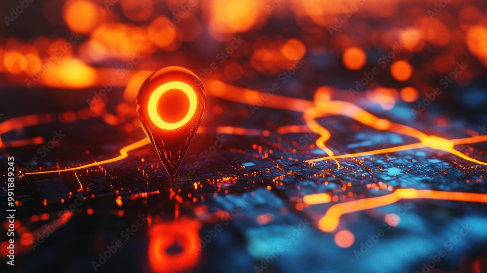 A glowing red pin sits atop a futuristic map with glowing red lines highlighting the pathways. A glowing red pin sits atop a futuristic map with glowing red lines highlighting the pathways.