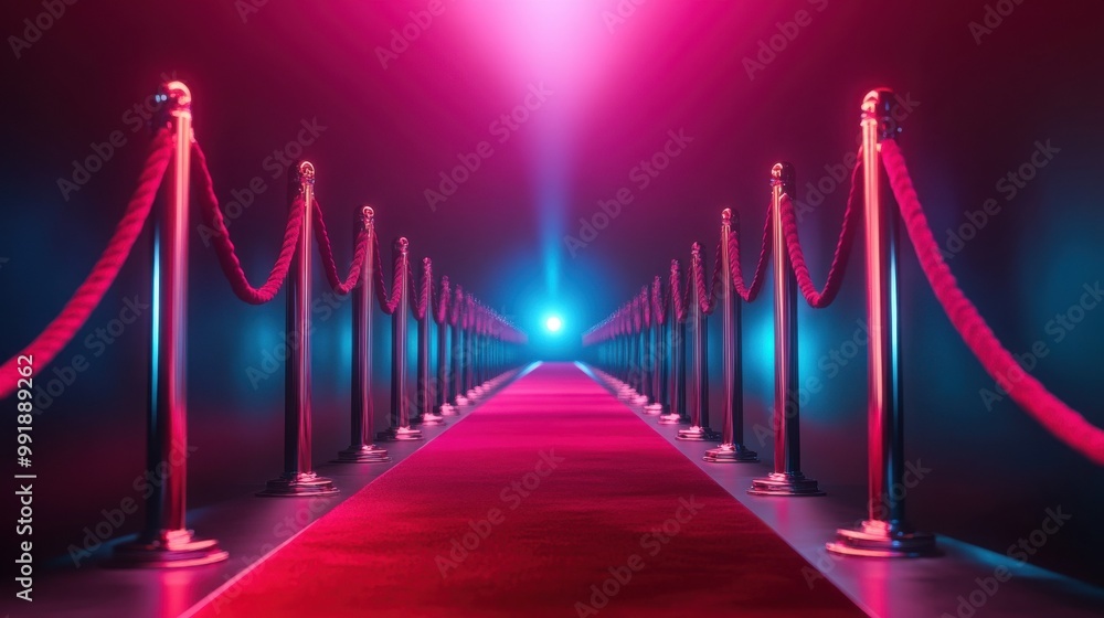 A red carpet with velvet ropes leading to a bright light in the distance. The lighting is a cool blue and warm pink, making for a vibrant and exciting atmosphere. A red carpet with velvet ropes leading to a bright light in the distance. The lighting is a cool blue and warm pink, making for a vibrant and exciting atmosphere.
