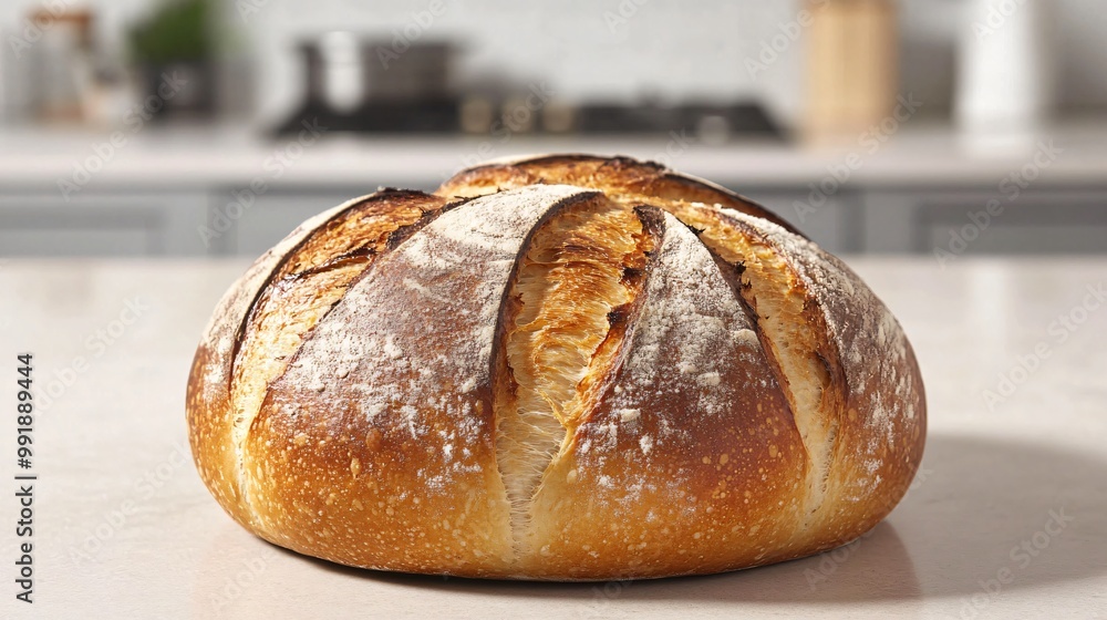 A round boule loaf with artistic scoring, set on a light stone countertop background, with subtle kitchen elements visible in the background A round boule loaf with artistic scoring, set on a light stone countertop background, with subtle kitchen elements visible in the background