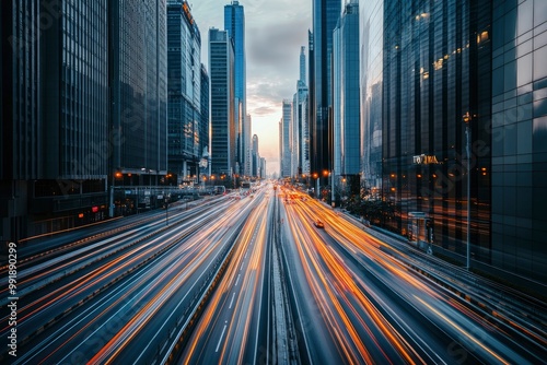 Road in city with skyscrapers and car traffic light trails. Long exposure of evening rush hour with cars racing in and out of Downtown with generative ai