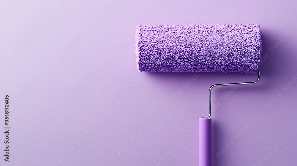 Obraz premium Purple paint roller on purple background with copy space.