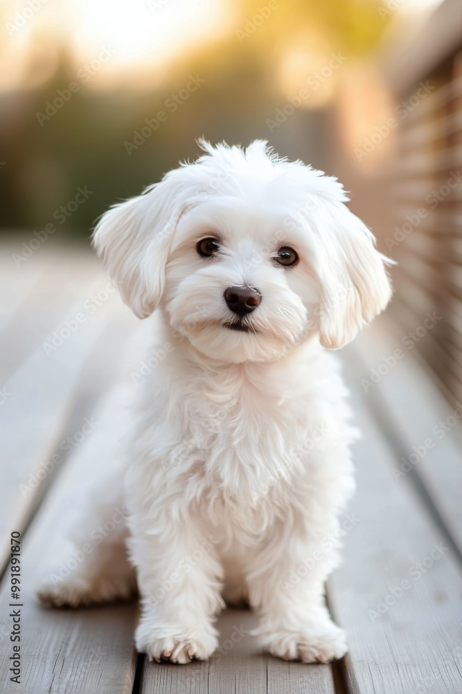 A fluffy small dog sitting on a wooden deck during a sunny day in a relaxed pose A fluffy small dog sitting on a wooden deck during a sunny day in a relaxed pose