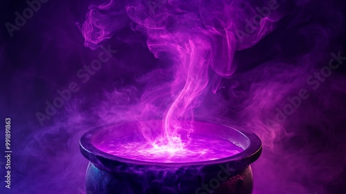 A cauldron with a glowing purple liquid and a swirl of purple smoke rising from it.