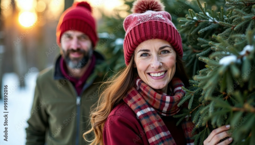 A man and a woman are smiling and holding a Christmas tree A man and a woman are smiling and holding a Christmas tree
