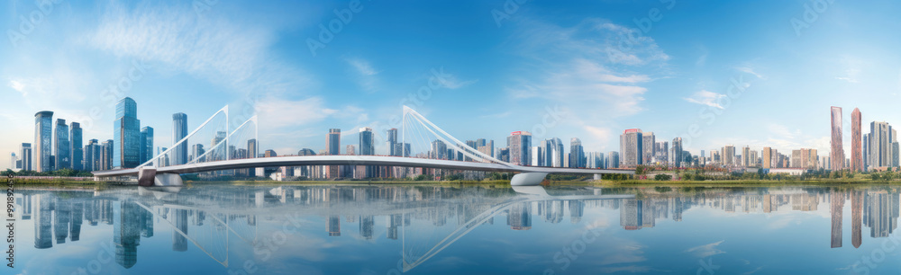 Naklejka premium Modern Bridge Over River in Urban Cityscape