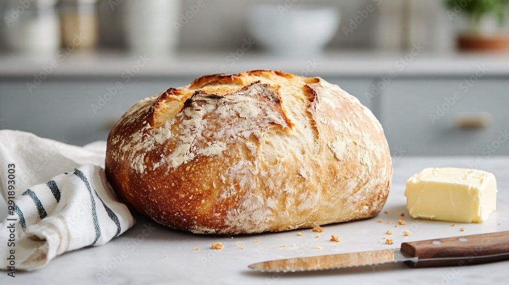 A warm loaf of sourdough bread, set against a light grey kitchen countertop with a knife and butter in soft focus nearby A warm loaf of sourdough bread, set against a light grey kitchen countertop with a knife and butter in soft focus nearby