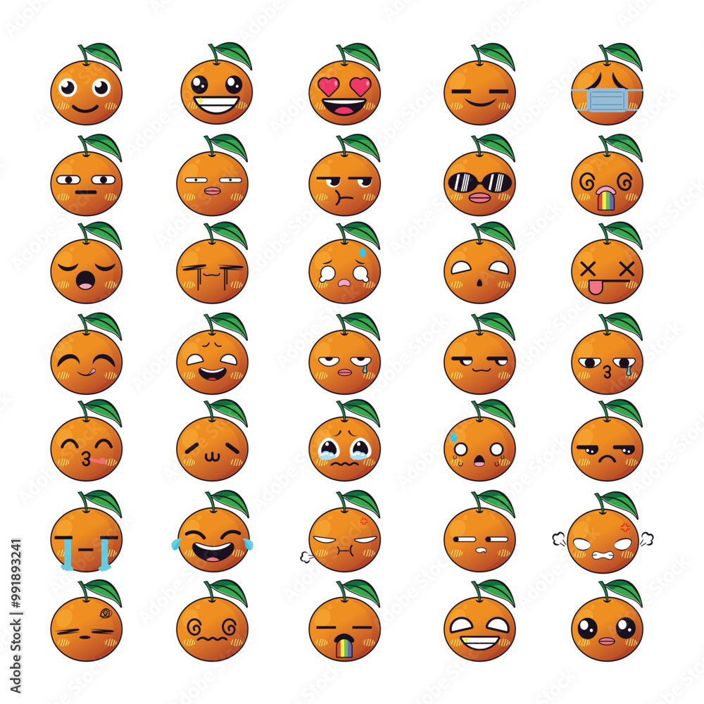 Obraz premium オレンジ絵文字セット・さまざまな表情のオレンジキャラクター・ベクターイラスト