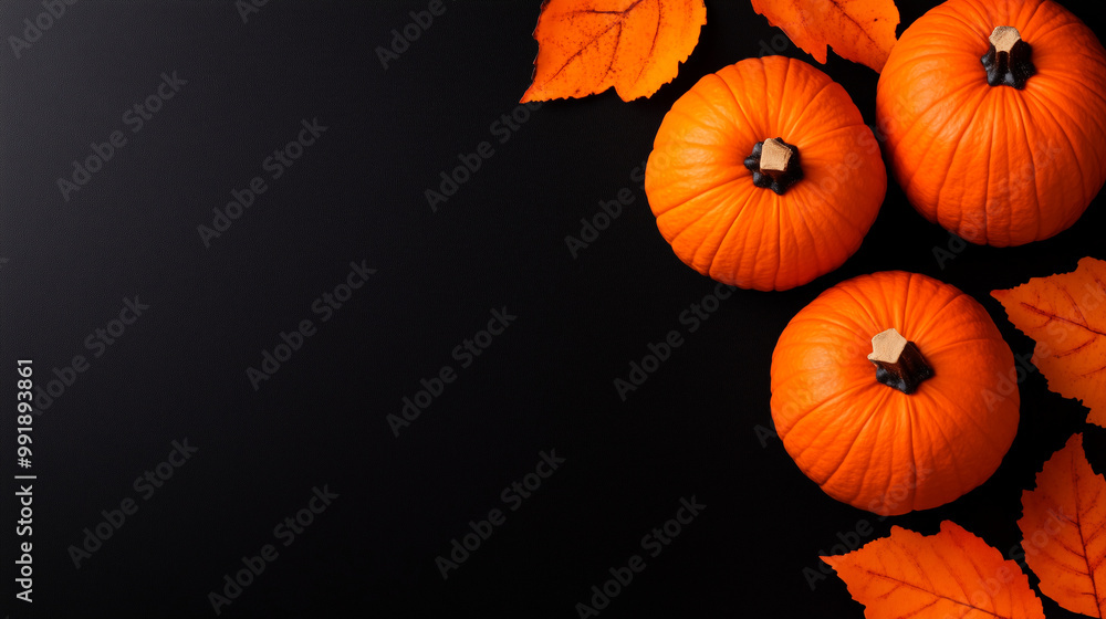 Halloween decoration with three pumpkins and autumn leaves on a black background with copy space Halloween decoration with three pumpkins and autumn leaves on a black background with copy space