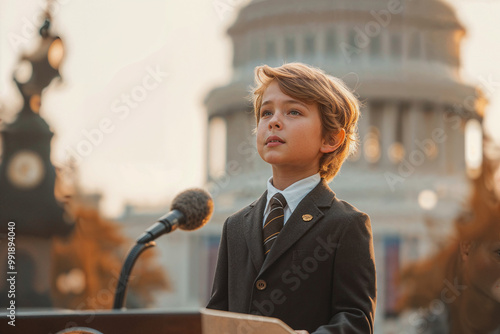 Young Child Speaking Publicly at a Podium in City Square