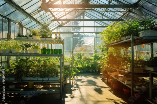 Sunlight Bathes a Greenhouse Filled with Lush Greenery