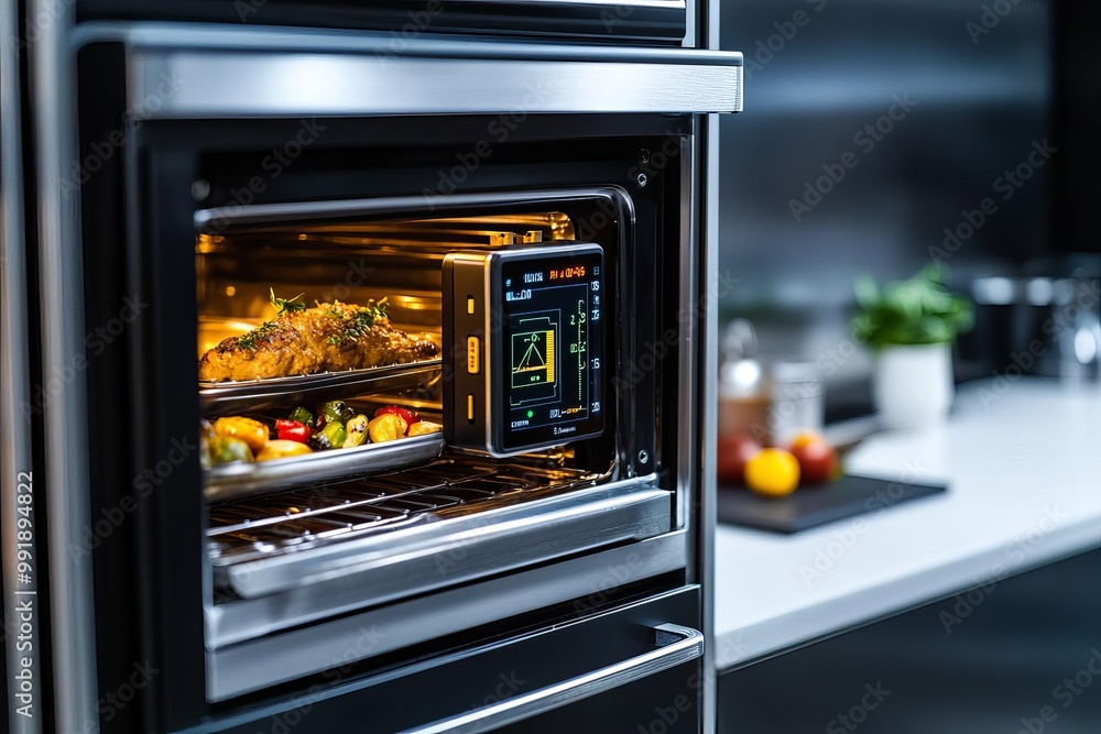 Closeup of a digital temperature sensor inside a commercial oven, precision cooking, food technology Closeup of a digital temperature sensor inside a commercial oven, precision cooking, food technology