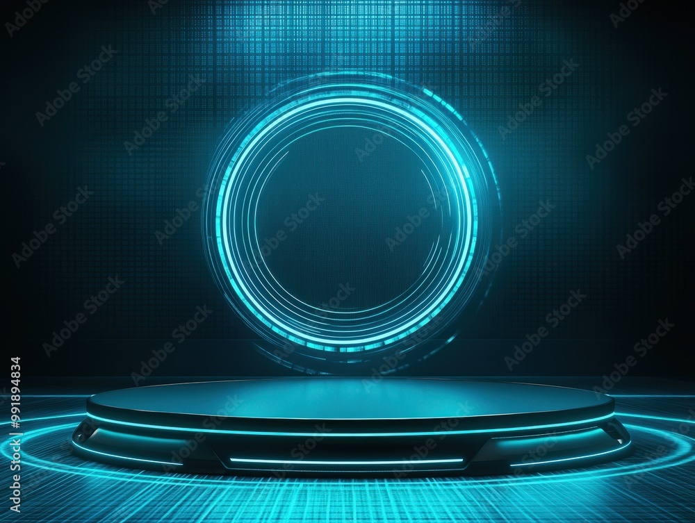 Futuristic Blue Neon Circle Platform. Futuristic Blue Neon Circle Platform.