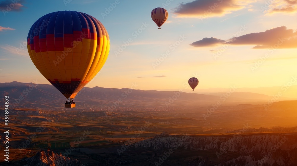 Naklejka premium Hot Air Balloons Soaring Over Cappadocia at Sunset, capturing the beauty of a vibrant landscape, adventure, travel, and breathtaking scenery.