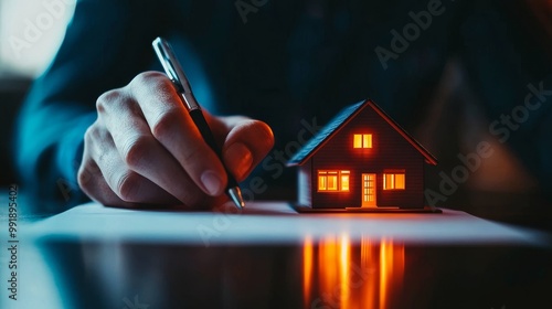 A person signs a document while holding a miniature house, symbolizing the commitment and excitement of homeownership, a significant financial decision, the joy of new beginnings, and the fulfillment  photo