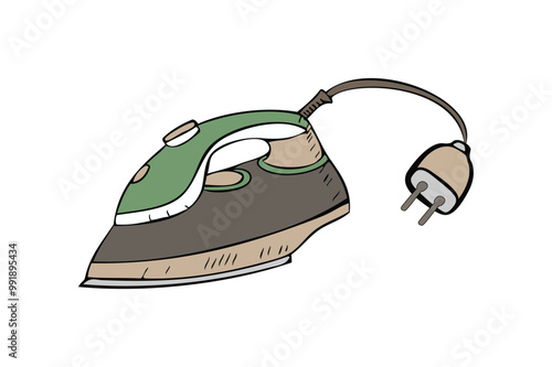Household electronic steam iron machine - color vector drawing for clothes pressing, laundry, and home appliance illustration
