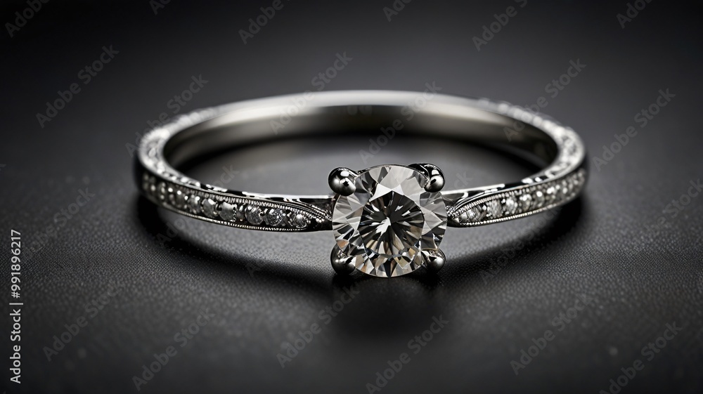 diamond ring with intricate details. The setting is a classic, platinum band diamond ring with intricate details. The setting is a classic, platinum band